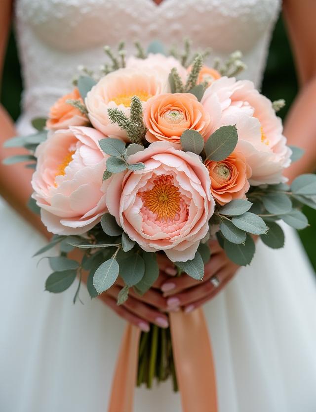 Detailed bridal bouquet with peonies and eucalyptus